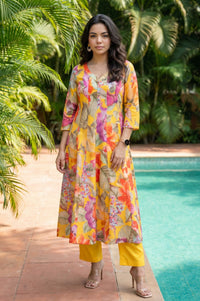 Yellow Floral Printed Pure Cotton Flared Kurta with Pants Co-ord Set