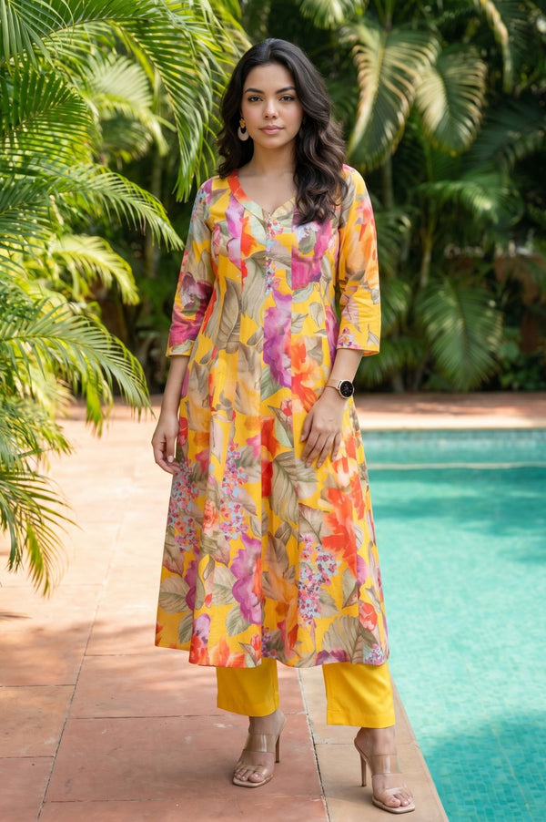 Yellow Floral Printed Pure Cotton Flared Kurta with Pants Co-ord Set