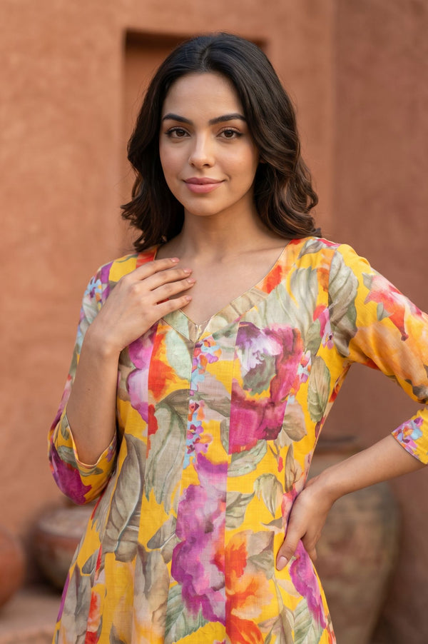 Yellow Floral Printed Pure Cotton Flared Kurta with Pants Co-ord Set