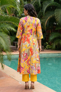 Yellow Floral Printed Pure Cotton Flared Kurta with Pants Co-ord Set