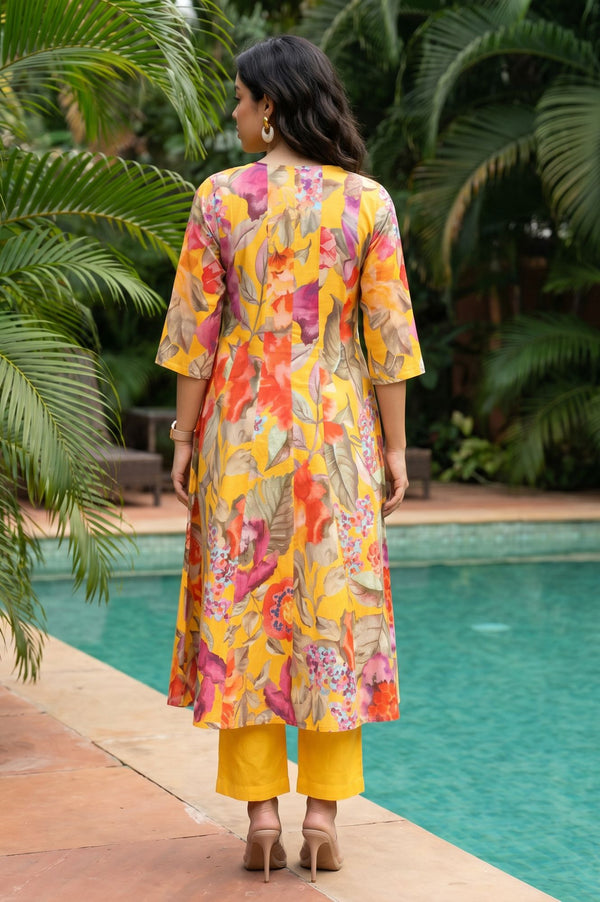 Yellow Floral Printed Pure Cotton Flared Kurta with Pants Co-ord Set