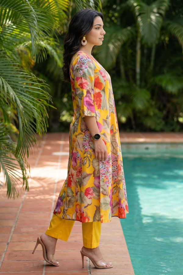 Yellow Floral Printed Pure Cotton Flared Kurta with Pants Co-ord Set