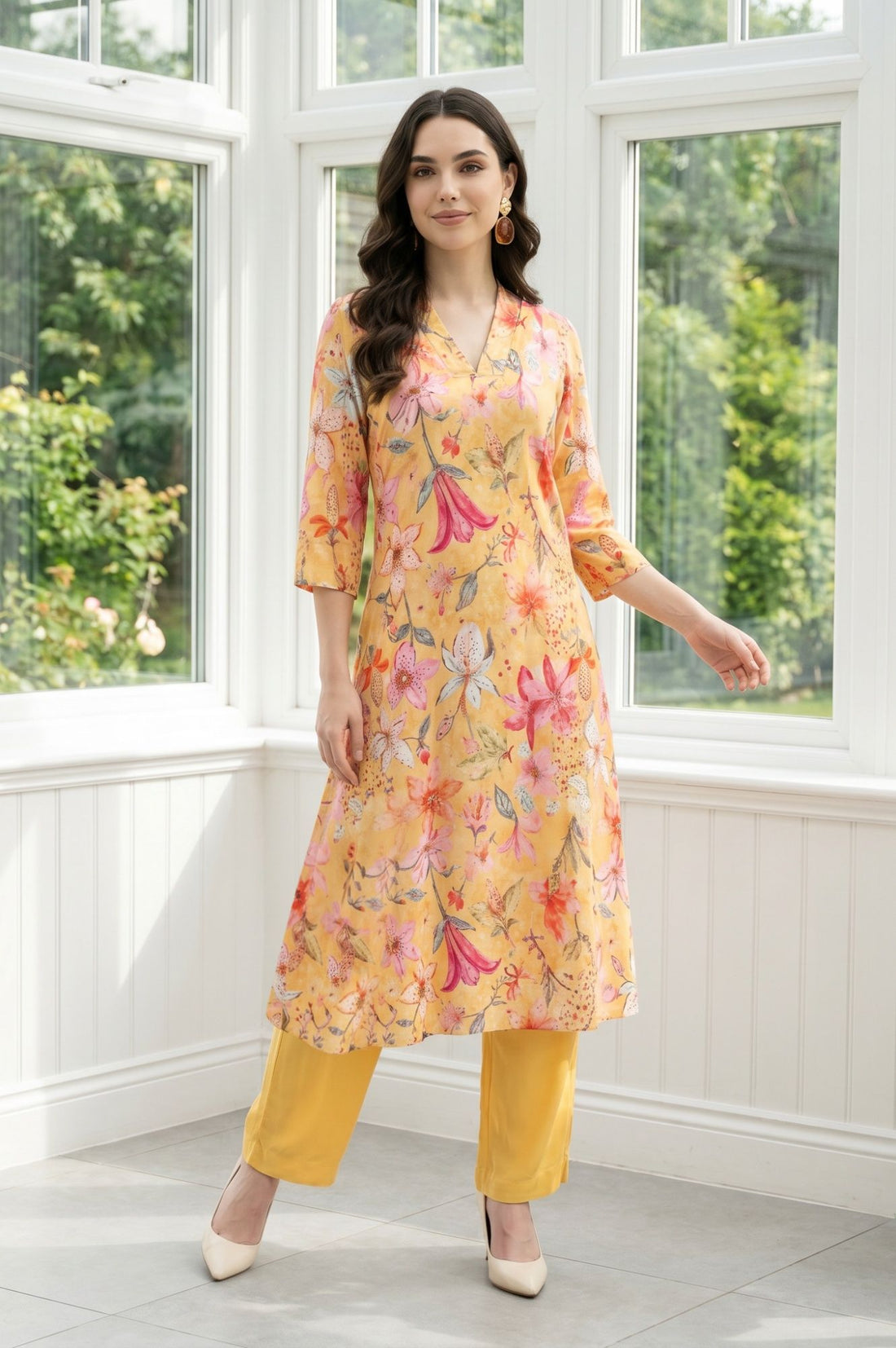 Mustard Floral Printed Rayon Straight Kurta with Pants Set