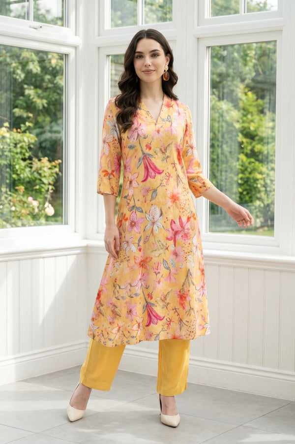 Mustard Floral Printed Rayon Straight Kurta with Pants Set