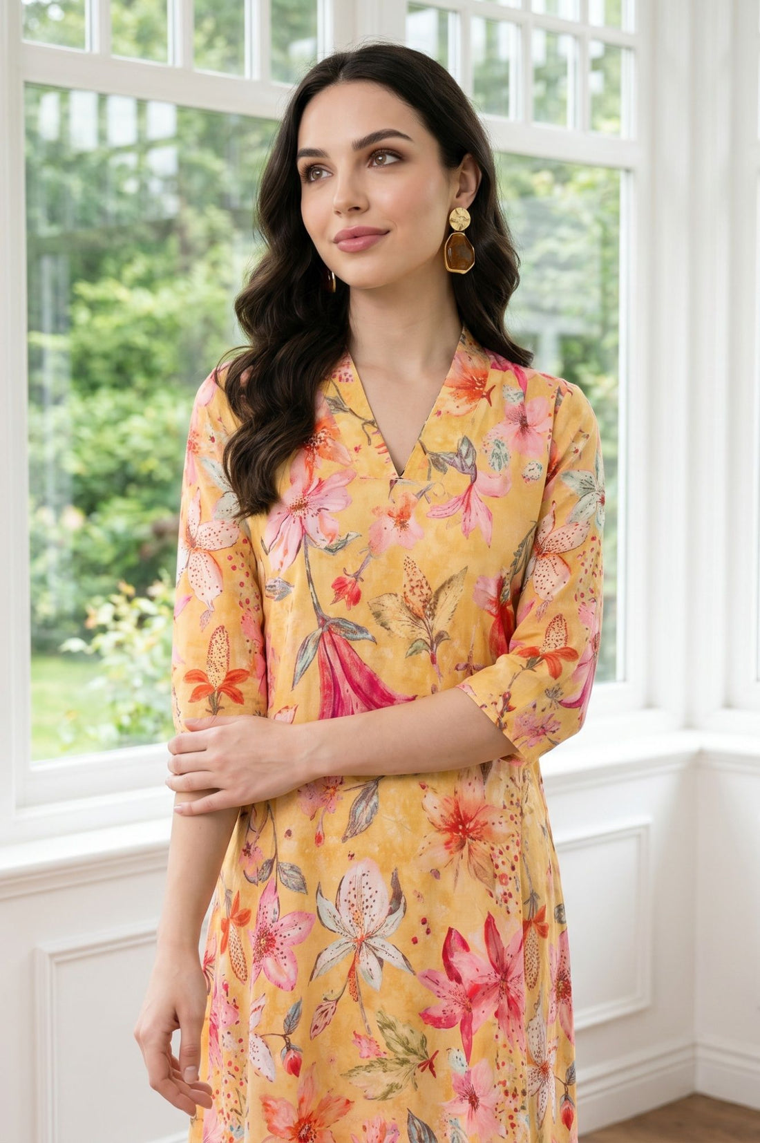 Mustard Floral Printed Rayon Straight Kurta with Pants Set