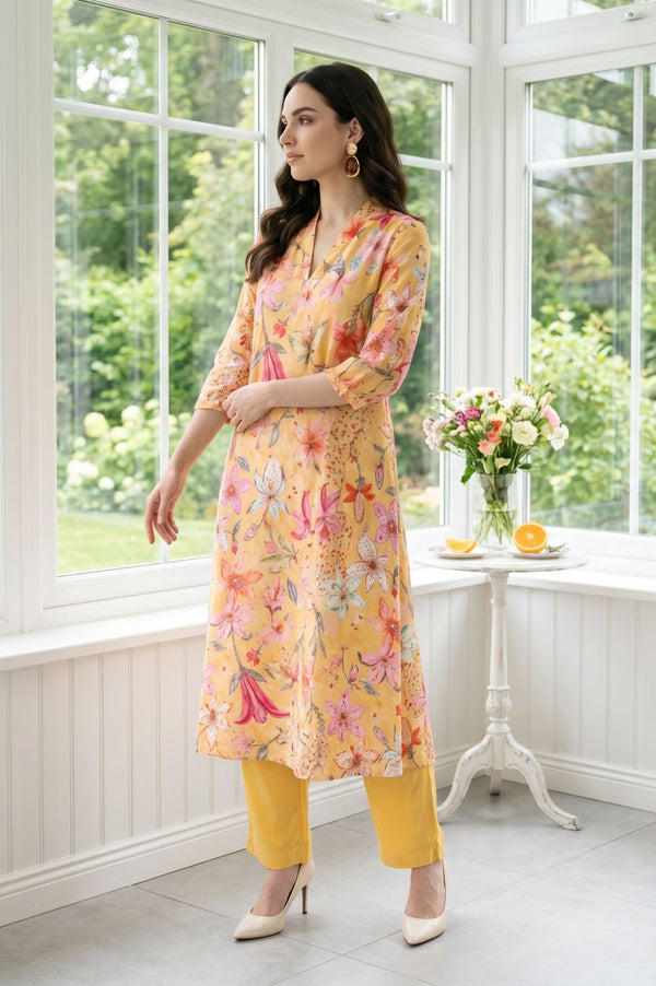 Mustard Floral Printed Rayon Straight Kurta with Pants Set