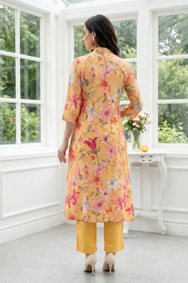 Mustard Floral Printed Rayon Straight Kurta with Pants Set