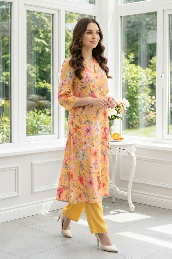 Mustard Floral Printed Rayon Straight Kurta with Pants Set