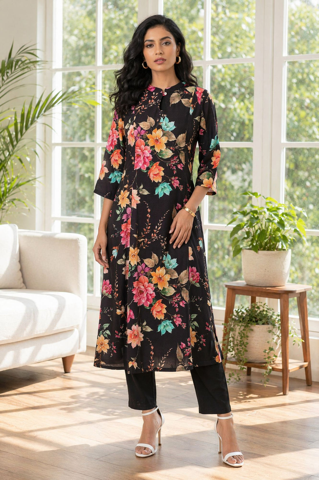 Black Floral Printed Rayon A-line Kurta with Pant Set