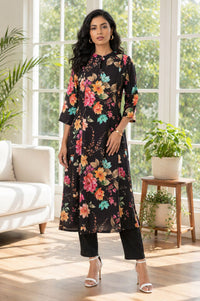 Black Floral Printed Rayon A-line Kurta with Pant Set