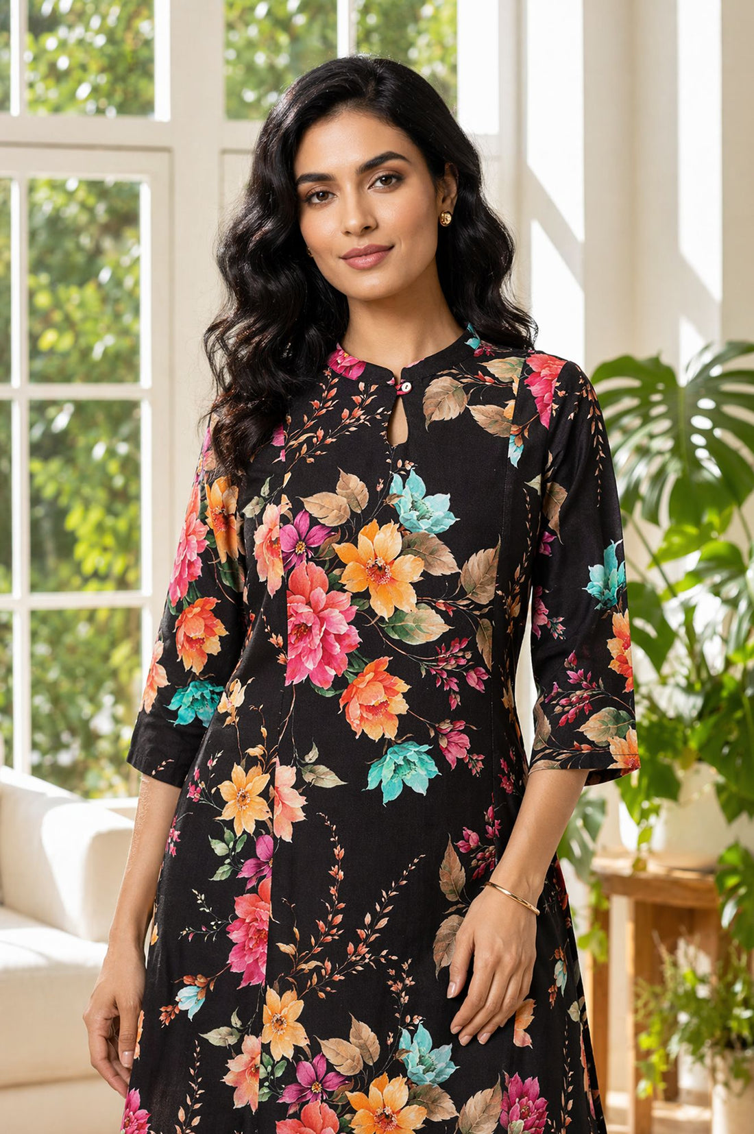 Black Floral Printed Rayon A-line Kurta with Pant Set