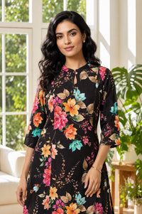 Black Floral Printed Rayon A-line Kurta with Pant Set