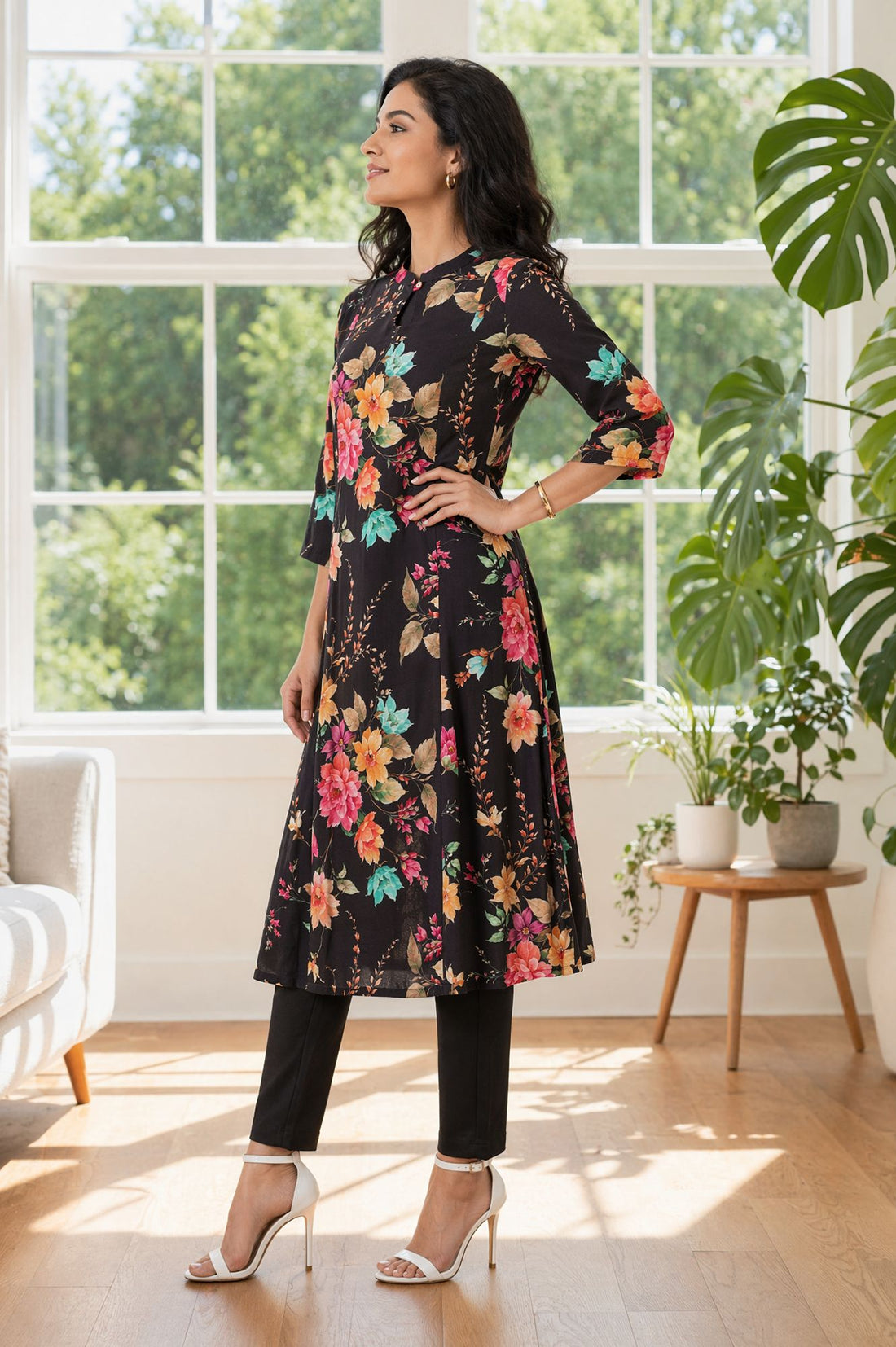 Black Floral Printed Rayon A-line Kurta with Pant Set