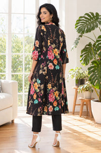 Black Floral Printed Rayon A-line Kurta with Pant Set