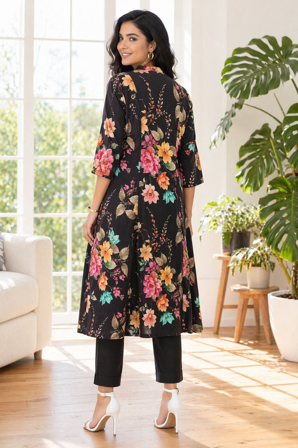 Black Floral Printed Rayon A-line Kurta with Pant Set