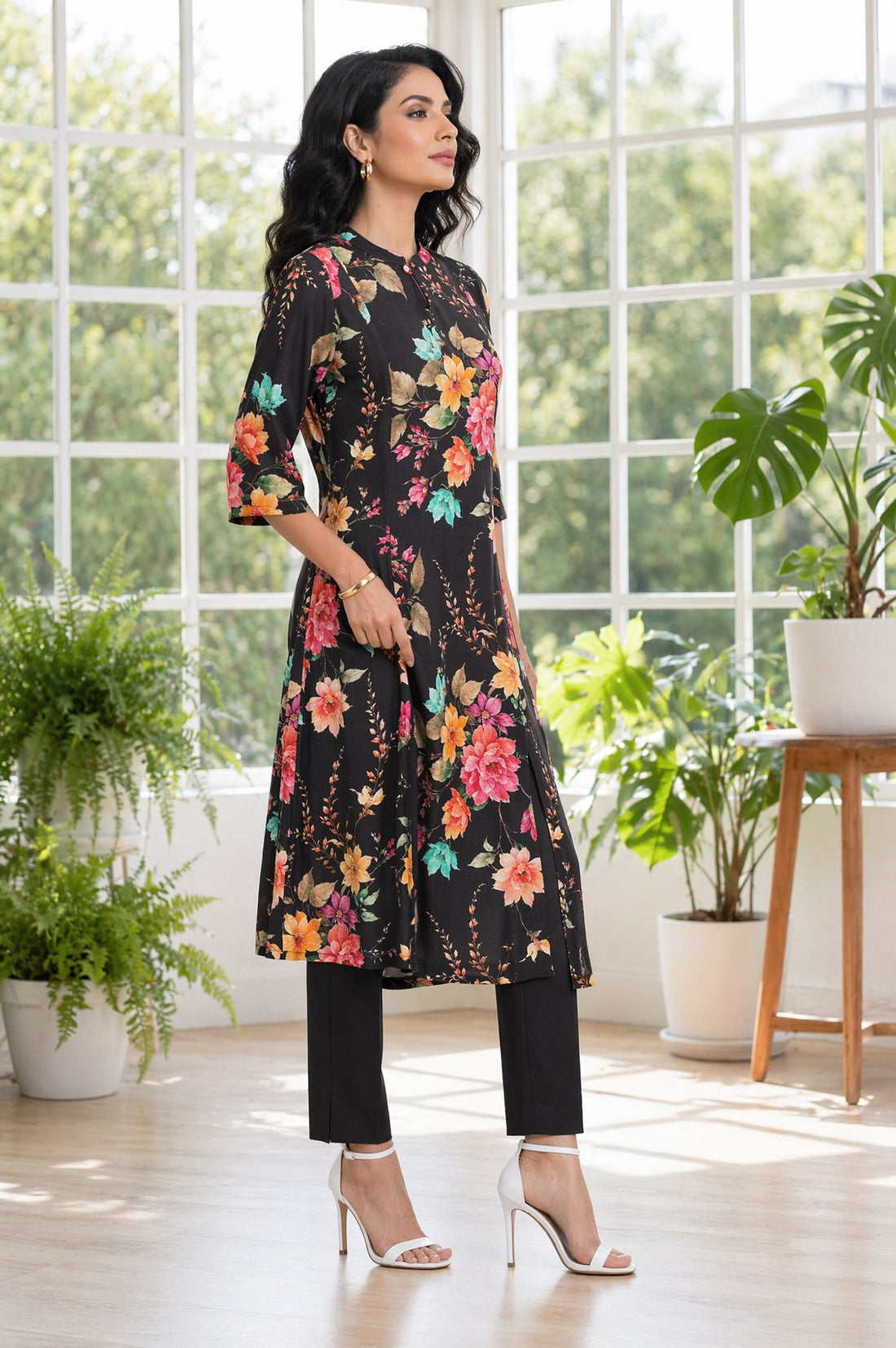 Black Floral Printed Rayon A-line Kurta with Pant Set