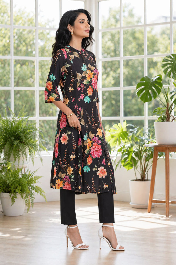Black Floral Printed Rayon A-line Kurta with Pant Set