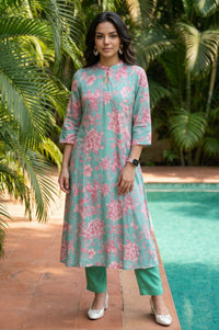 Sea Green Floral Printed Rayon A-line Kurta with Pant Set