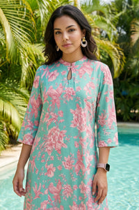 Sea Green Floral Printed Rayon A-line Kurta with Pant Set