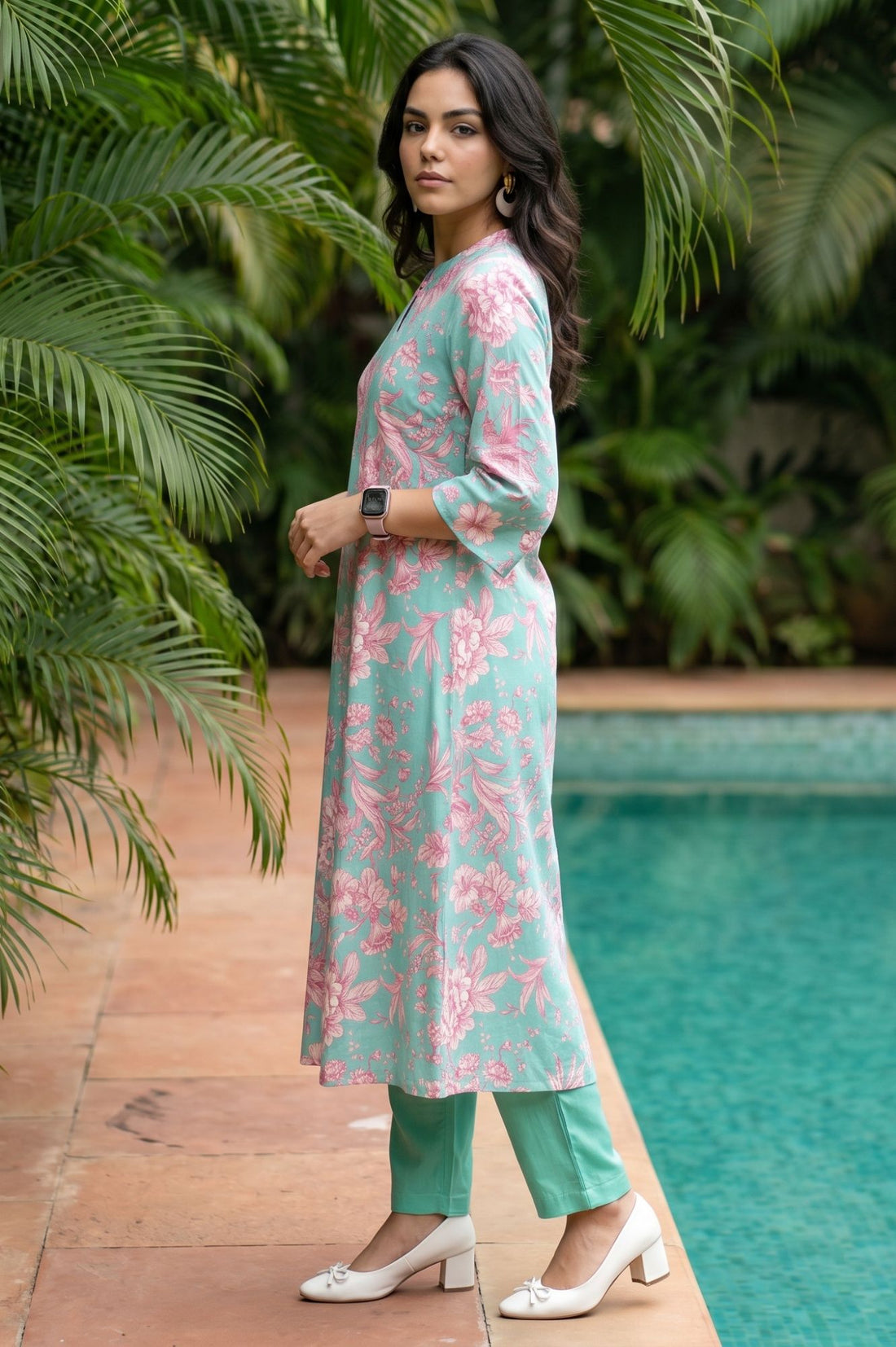Sea Green Floral Printed Rayon A-line Kurta with Pant Set