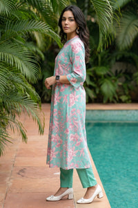 Sea Green Floral Printed Rayon A-line Kurta with Pant Set