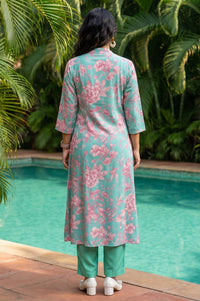 Sea Green Floral Printed Rayon A-line Kurta with Pant Set