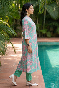 Sea Green Floral Printed Rayon A-line Kurta with Pant Set