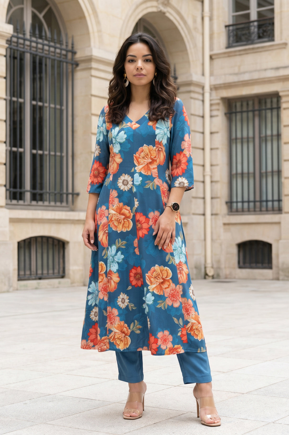 Teal Floral Printed Rayon Flared Kurta with Pants Co-ord Set