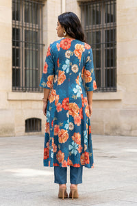 Teal Floral Printed Rayon Flared Kurta with Pants Co-ord Set