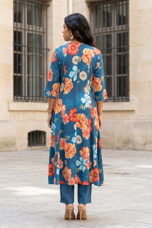 Teal Floral Printed Rayon Flared Kurta with Pants Co-ord Set