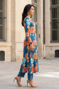 Teal Floral Printed Rayon Flared Kurta with Pants Co-ord Set
