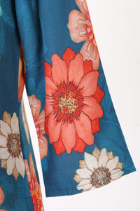 Teal Floral Printed Rayon Flared Kurta with Pants Co-ord Set