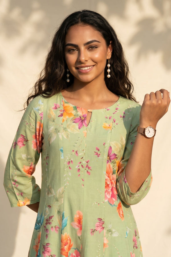 Mint Green Floral Printed Rayon Straight Kurta with Pant Set