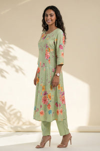 Mint Green Floral Printed Rayon Straight Kurta with Pant Set