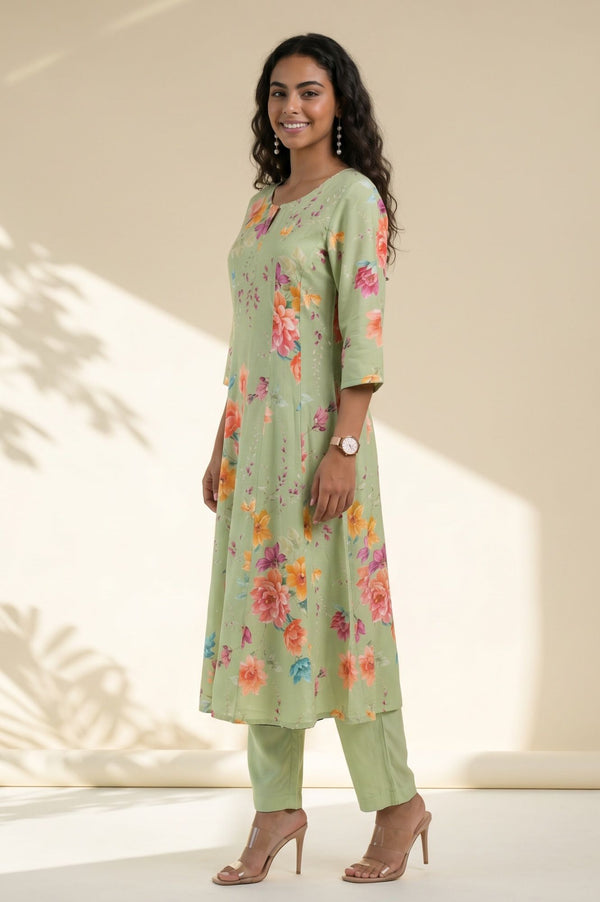 Mint Green Floral Printed Rayon Straight Kurta with Pant Set