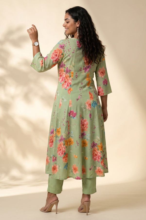 Mint Green Floral Printed Rayon Straight Kurta with Pant Set