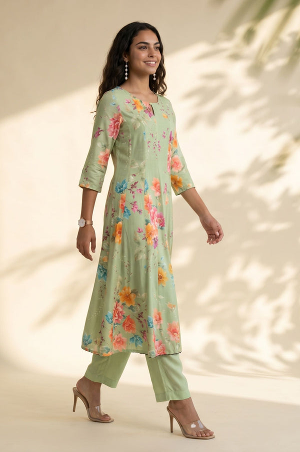 Mint Green Floral Printed Rayon Straight Kurta with Pant Set