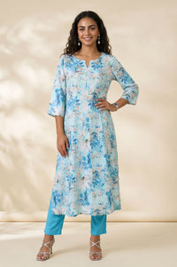 Blue Floral Printed Rayon Straight Kurta with Pants Set