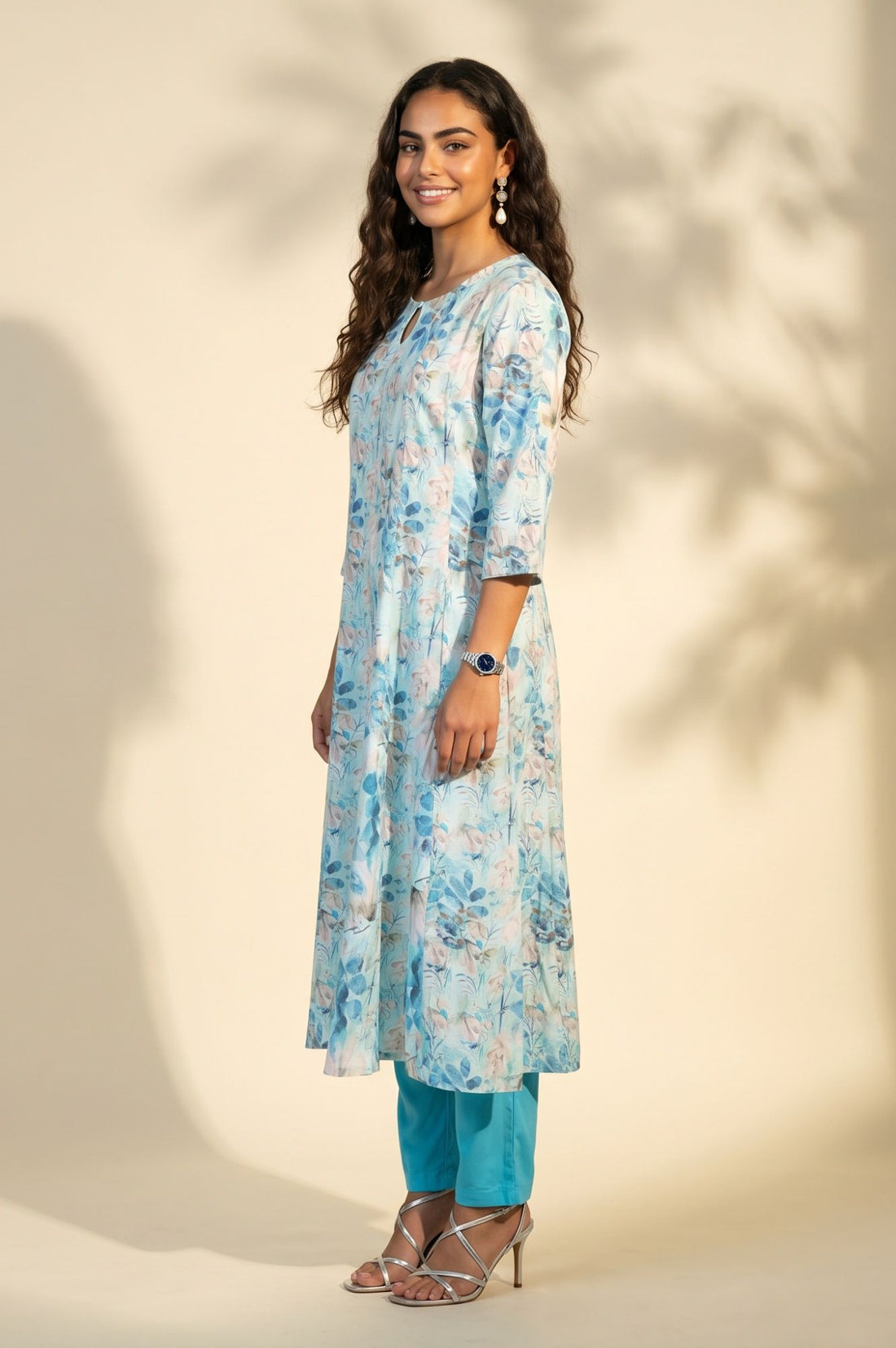 Blue Floral Printed Rayon Straight Kurta with Pants Set