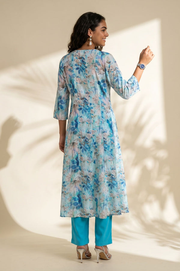 Blue Floral Printed Rayon Straight Kurta with Pants Set