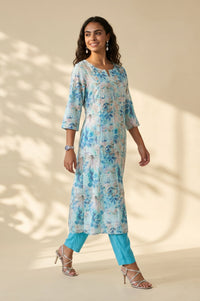 Blue Floral Printed Rayon Straight Kurta with Pants Set