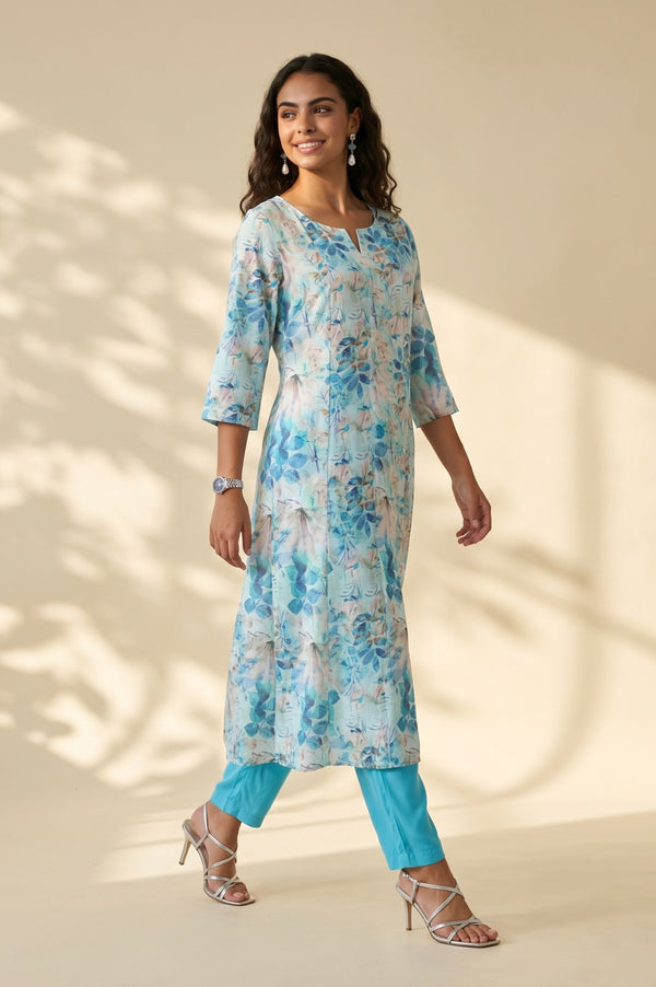 Blue Floral Printed Rayon Straight Kurta with Pants Set