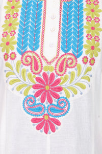 White Thread Embroidered Cotton Flax Flared Kurta with Pants Set