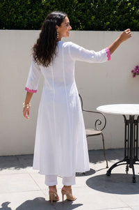 White Thread Embroidered Cotton Flax Flared Kurta with Pants Set
