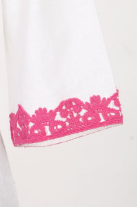 White Thread Embroidered Cotton Flax Flared Kurta with Pants Set