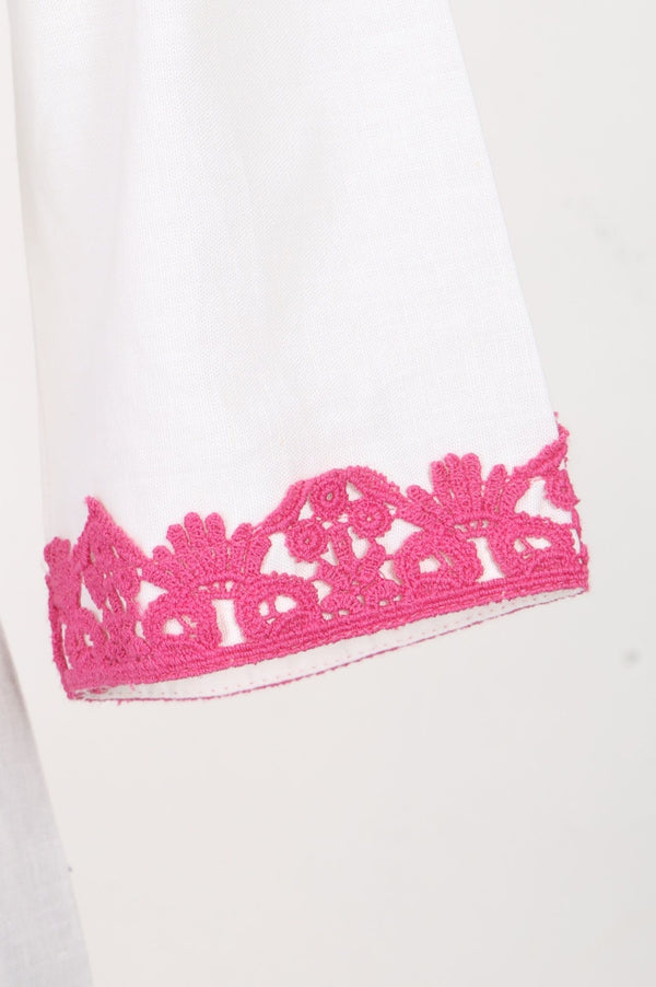 White Thread Embroidered Cotton Flax Flared Kurta with Pants Set