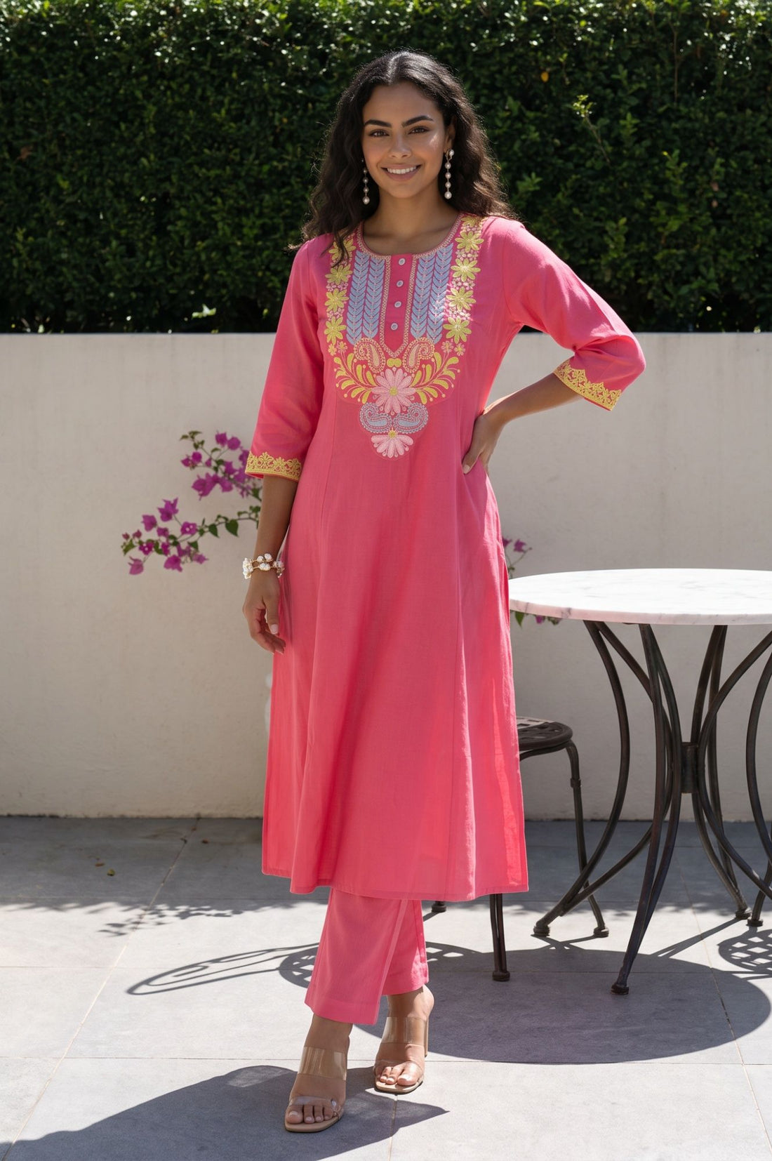 Pink Thread Embroidered Cotton Flax Flared Kurta with Pants Set