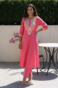 Pink Thread Embroidered Cotton Flax Flared Kurta with Pants Set