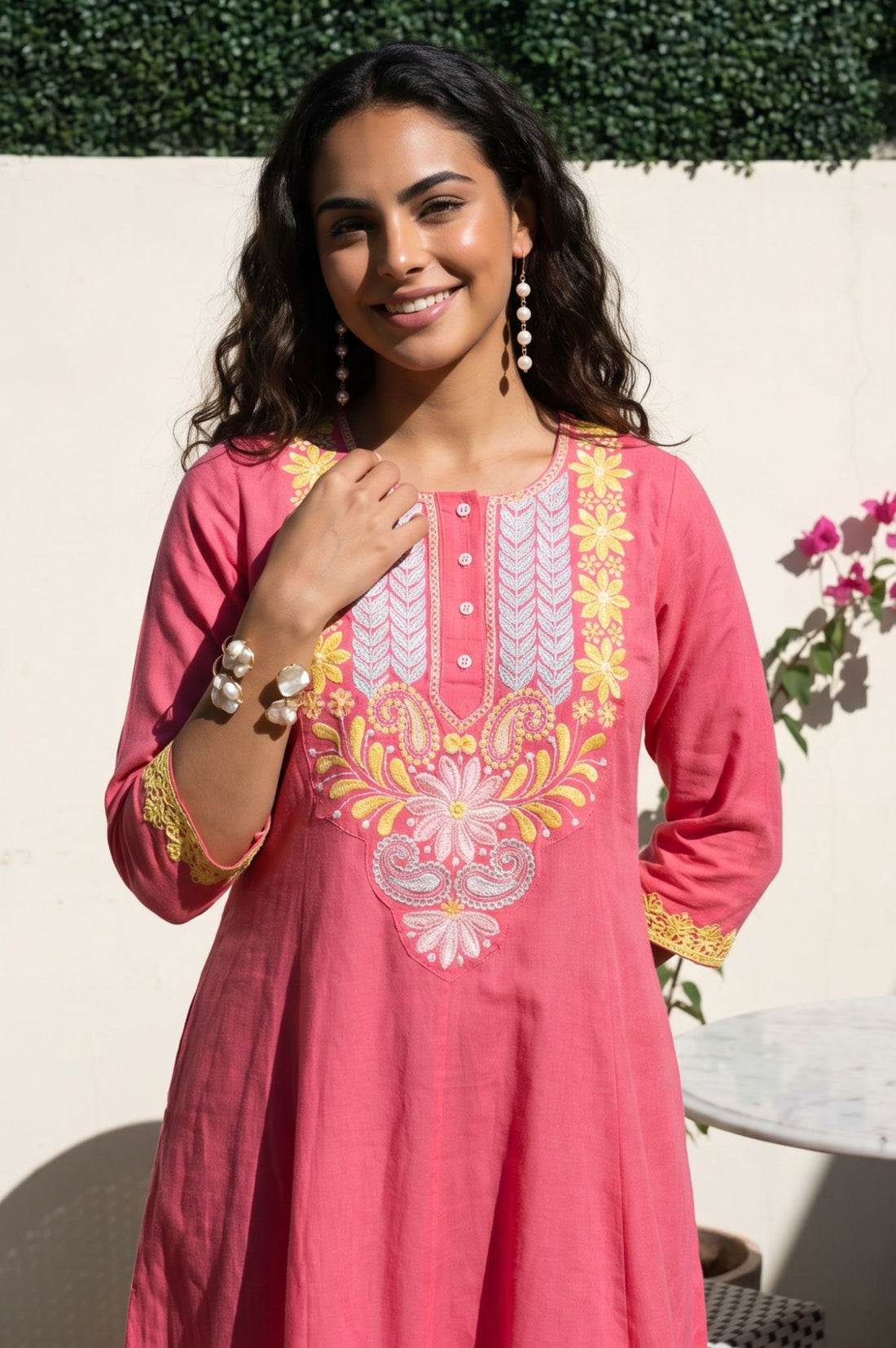 Pink Thread Embroidered Cotton Flax Flared Kurta with Pants Set
