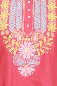 Pink Thread Embroidered Cotton Flax Flared Kurta with Pants Set
